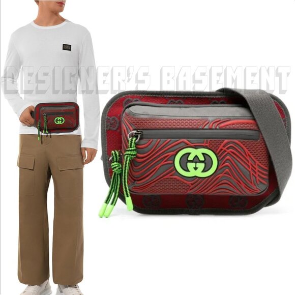 GUCCI gray red green GG nylon/rubber zip Crossbody 100 Waist Fanny belt BUM bag - Picture 1 of 10
